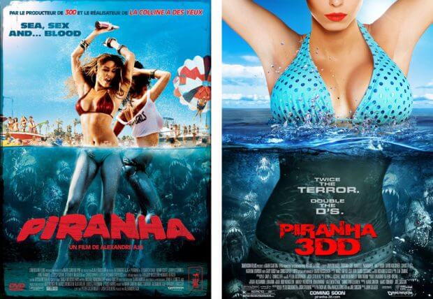 Filmplakate zu „Piranha 3D“ und „Piranha 3DD“