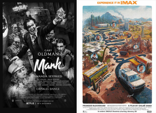 Filmplakate zu „Mank“ und „Nomadland“
