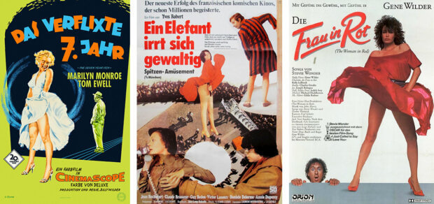 Filmplakate zu „Das verflixte 7. Jahr“ (1955), „Ein Elefant irrt sich gewaltig“ (1976) und „Die Frau in Rot“ (1984)